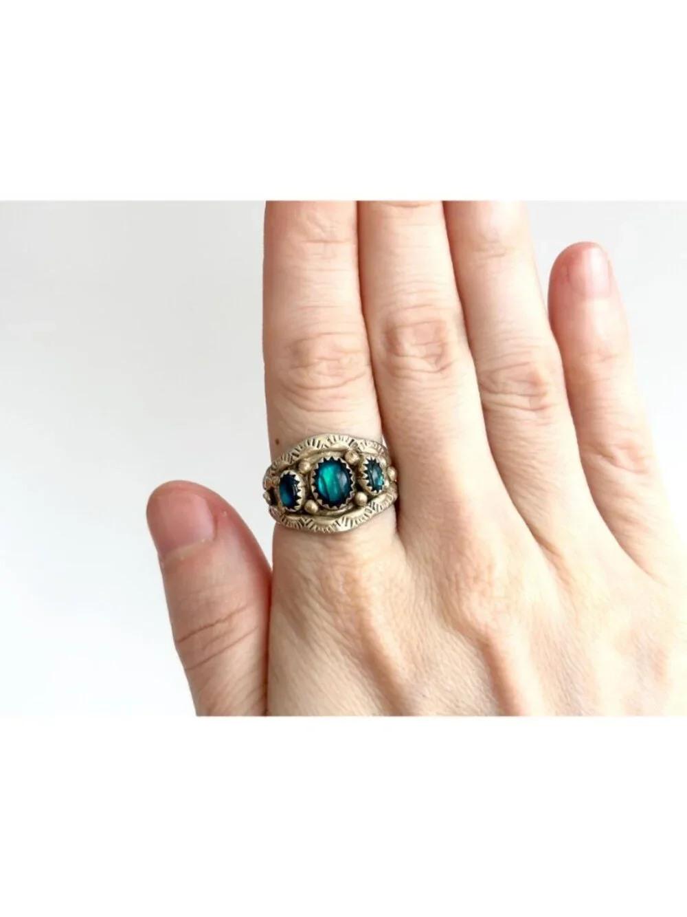 Navajo Blue Abalone Gemstone Southwest Sterling Silver 925 Vintage Ring - sz 10